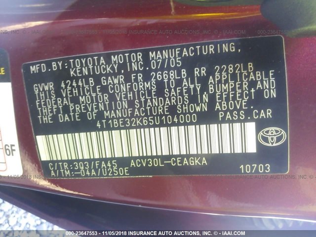 4T1BE32K65U104000 - 2005 TOYOTA CAMRY LE/XLE/SE BURGUNDY photo 9