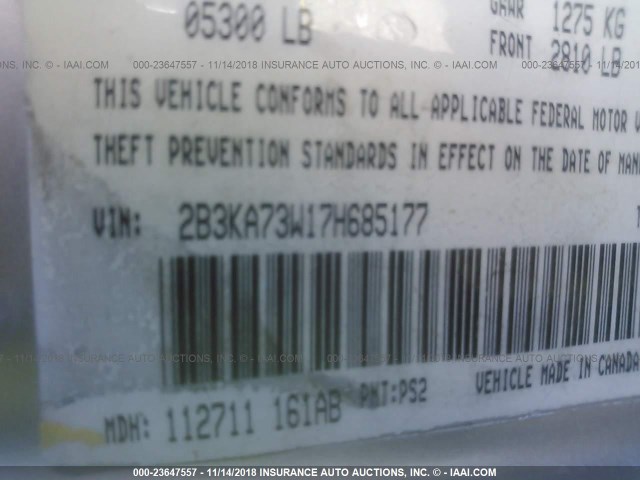 2B3KA73W17H685177 - 2007 DODGE CHARGER SRT-8 SILVER photo 9