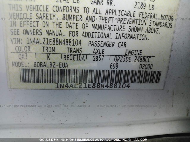 1N4AL21E88N488104 - 2008 NISSAN ALTIMA 2.5/2.5S WHITE photo 9