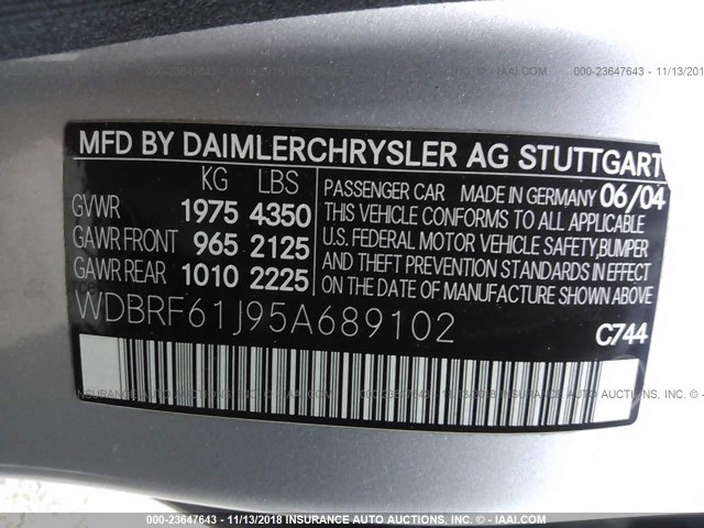 WDBRF61J95A689102 - 2005 MERCEDES-BENZ C 240 SILVER photo 9