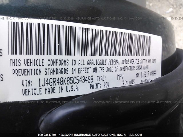 1J4GR48K85C543498 - 2005 JEEP GRAND CHEROKEE LAREDO/COLUMBIA/FREEDOM 绿色 照片 9