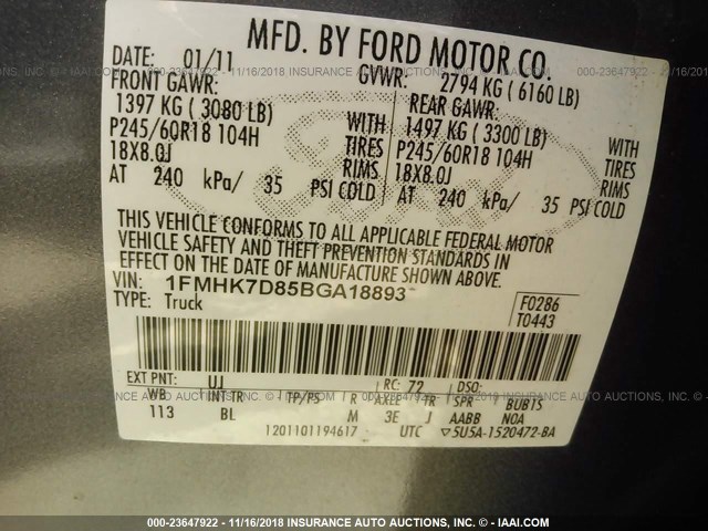 1FMHK7D85BGA18893 - 2011 FORD EXPLORER XLT GRAY photo 9