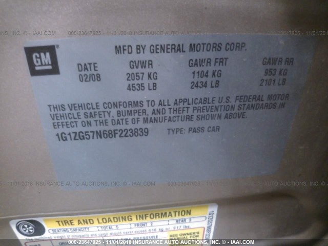 1G1ZG57N68F223839 - 2008 CHEVROLET MALIBU LS 金色 照片 9