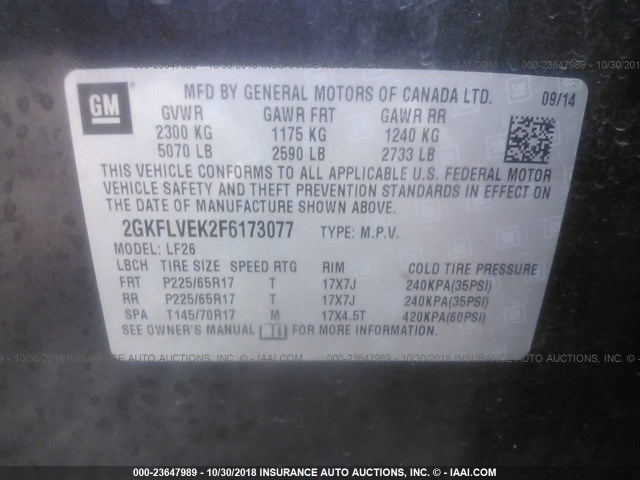 2GKFLVEK2F6173077 - 2015 GMC TERRAIN SLE GRAY photo 9