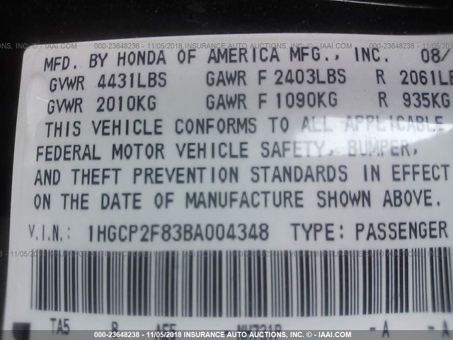 1HGCP2F83BA004348 - 2011 HONDA ACCORD EXL BLACK photo 9