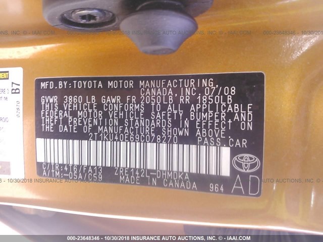 2T1KU40E69C078270 - 2009 TOYOTA COROLLA MATRIX  ORANGE photo 9