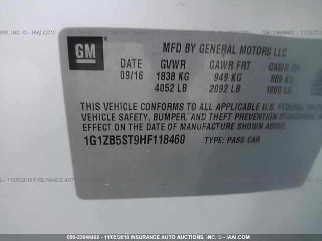 1G1ZB5ST9HF118460 - 2017 CHEVROLET MALIBU LS 白色 照片 9