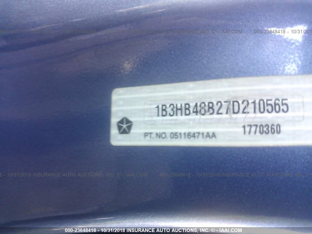 1B3HB48B27D210565 - 2007 DODGE CALIBER SXT BLUE photo 9