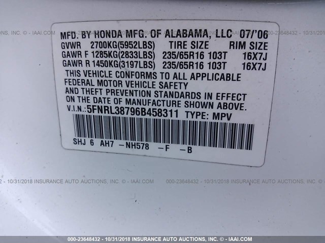 5FNRL38796B458311 - 2006 HONDA ODYSSEY EXL WHITE photo 9