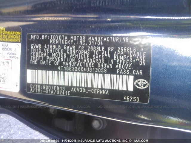 4T1BE32KX4U313058 - 2004 TOYOTA CAMRY LE/XLE/SE BLUE photo 9