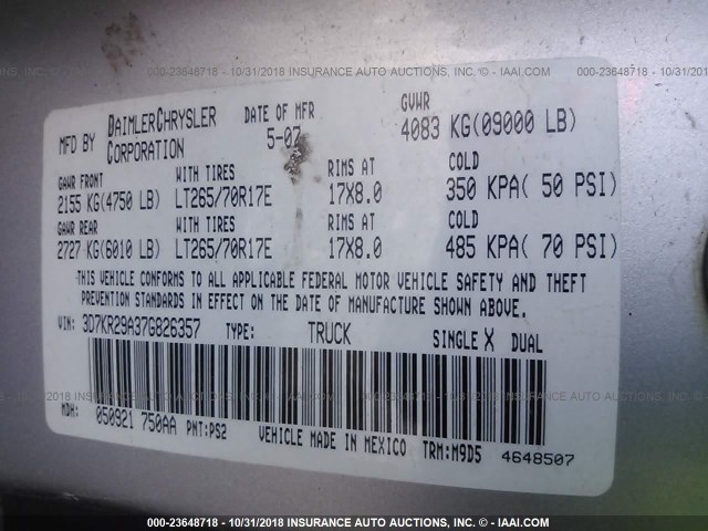 3D7KR29A37G826357 - 2007 DODGE RAM 2500 SILVER photo 9