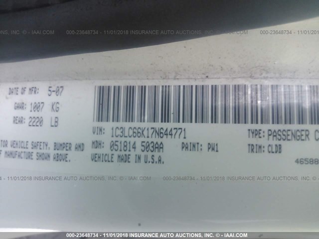 1C3LC66K17N644771 - 2007 CHRYSLER SEBRING LIMITED WHITE photo 9