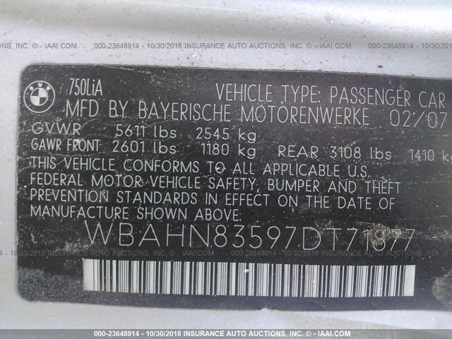 WBAHN83597DT71877 - 2007 BMW 750 SILVER photo 9