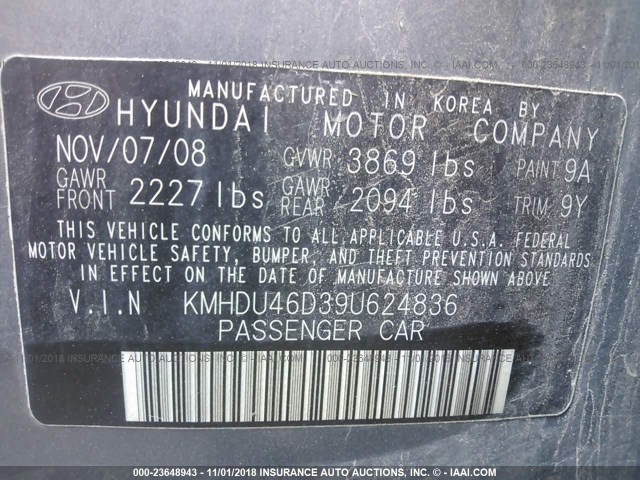 KMHDU46D39U624836 - 2009 HYUNDAI ELANTRA GLS/SE GRAY photo 9