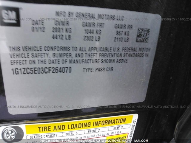 1G1ZC5E03CF264070 - 2012 CHEVROLET MALIBU 1LT BLACK photo 9