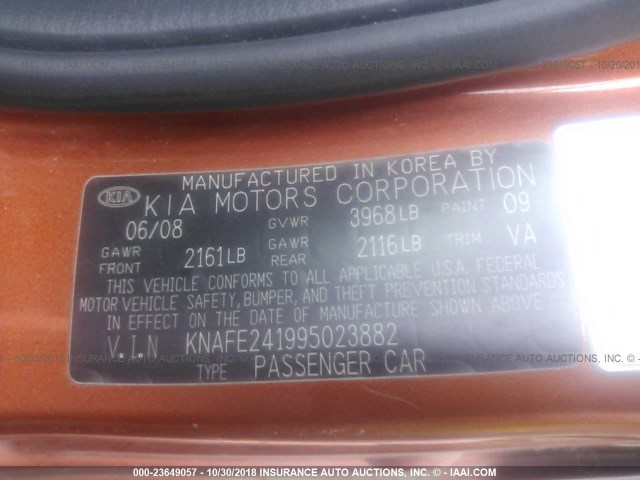 KNAFE241995023882 - 2009 KIA SPECTRA SX ORANGE photo 9