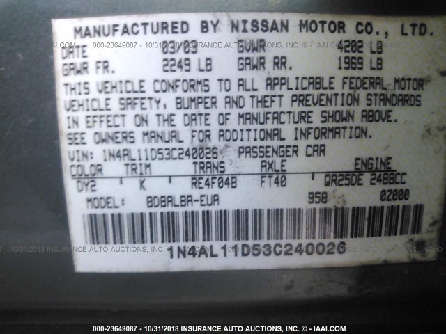 1N4AL11D53C240026 - 2003 NISSAN ALTIMA S/SL GREEN photo 9