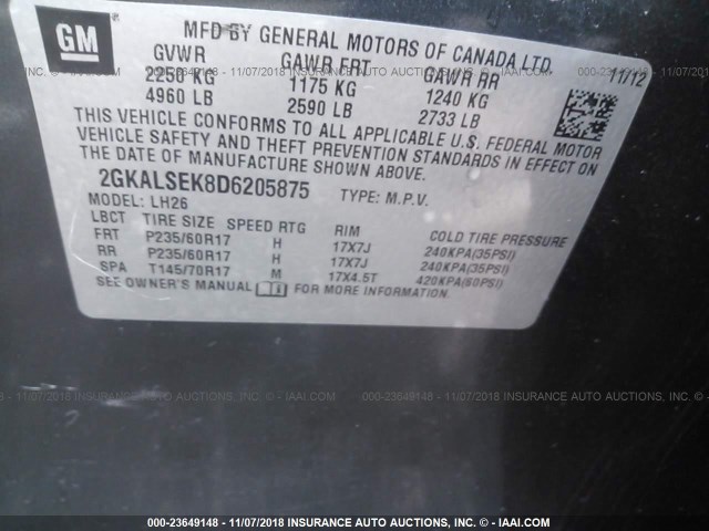 2GKALSEK8D6205875 - 2013 GMC TERRAIN SLE GRAY photo 9