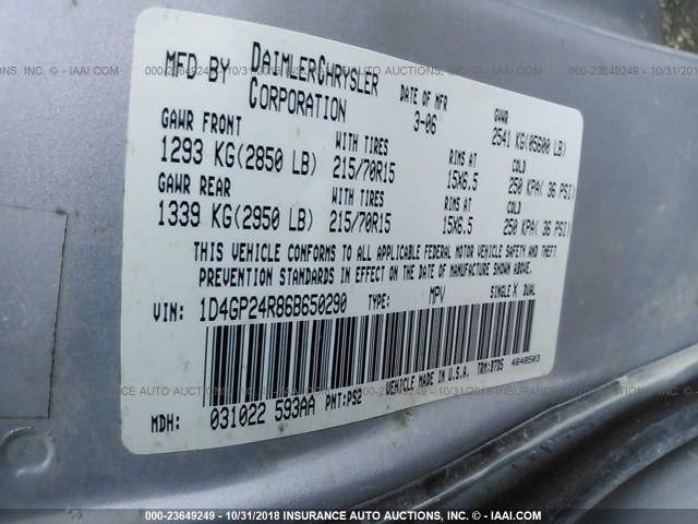 1D4GP24R86B650290 - 2006 DODGE GRAND CARAVAN SE GRAY photo 9