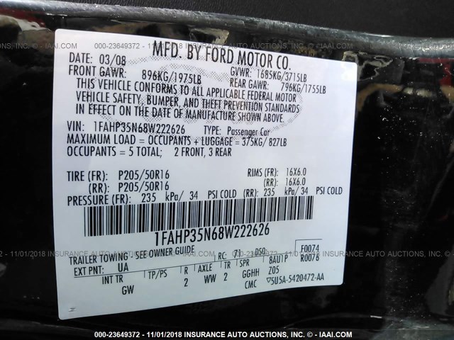 1FAHP35N68W222626 - 2008 FORD FOCUS SE/SEL/SES BLACK photo 9