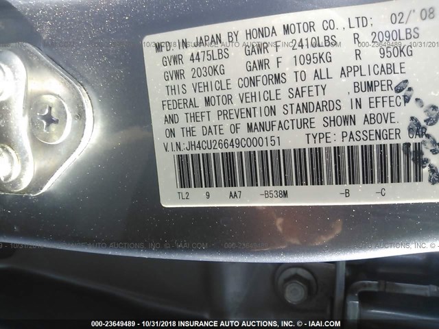 JH4CU26649C000151 - 2009 ACURA TSX BLUE photo 9