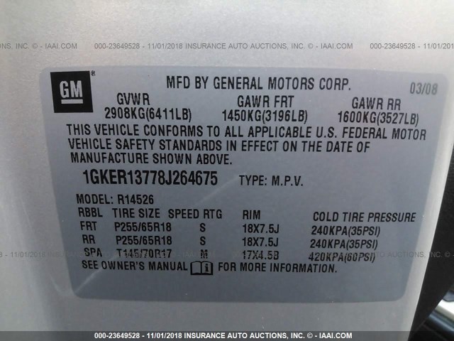 1GKER13778J264675 - 2008 GMC ACADIA SLE GOLD photo 9