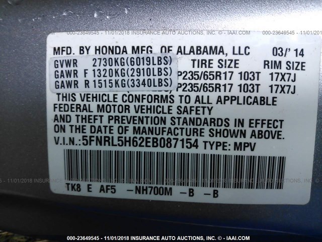 5FNRL5H62EB087154 - 2014 HONDA ODYSSEY EXL SILVER photo 9