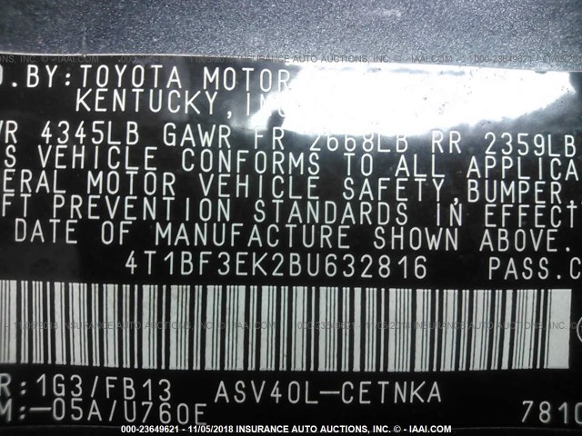 4T1BF3EK2BU632816 - 2011 TOYOTA CAMRY SE/LE/XLE 灰色 照片 9