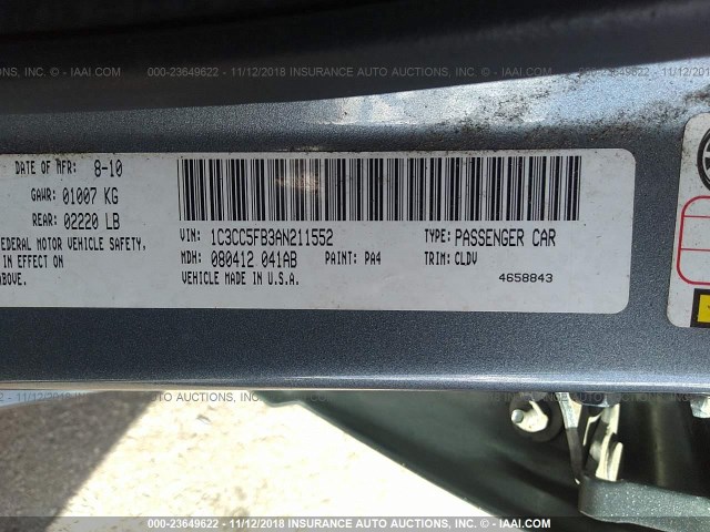 1C3CC5FB3AN211552 - 2010 CHRYSLER SEBRING LIMITED GRAY photo 9