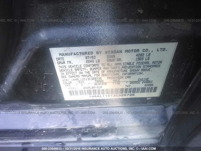 1N4AL11D13C325736 - 2003 NISSAN ALTIMA S/SL BLACK photo 9