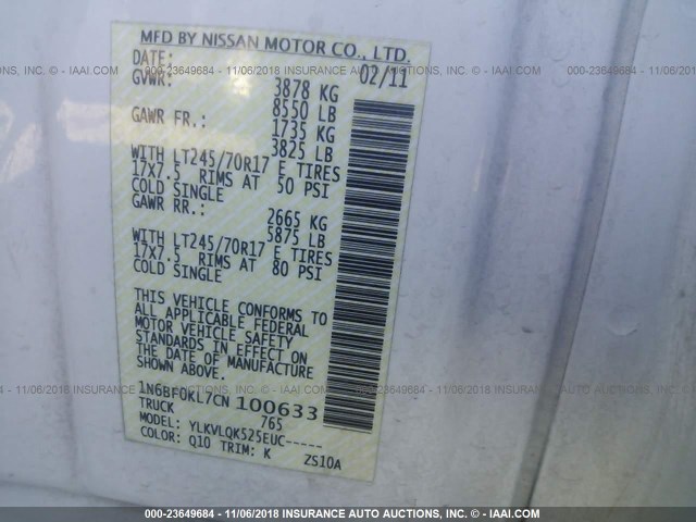 1N6BF0KL7CN100633 - 2012 NISSAN NV 1500/2500 WHITE photo 9