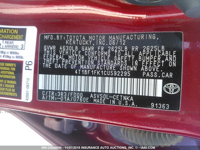 4T1BF1FK1CU592295 - 2012 TOYOTA CAMRY SE/LE/XLE 红色 照片 9