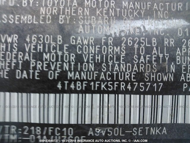 4T4BF1FK5FR475717 - 2015 TOYOTA CAMRY LE/XLE/SE/XSE შავი ფოტო 9