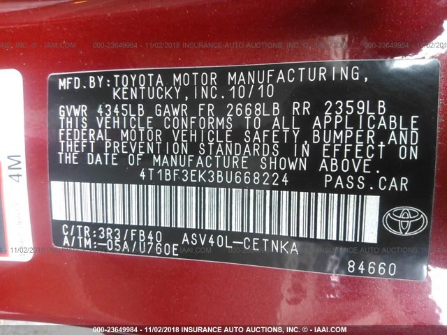 4T1BF3EK3BU668224 - 2011 TOYOTA CAMRY SE/LE/XLE RED photo 9