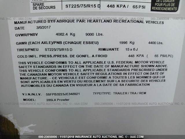 5SFPB3223JE348921 - 2018 HEARTLAND PROWLER  GRAY photo 9