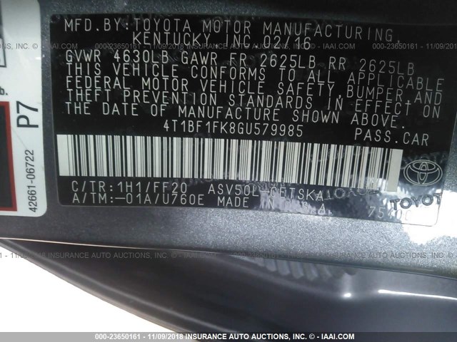 4T1BF1FK8GU579985 - 2016 TOYOTA CAMRY LE/XLE/SE/XSE GRAY photo 9