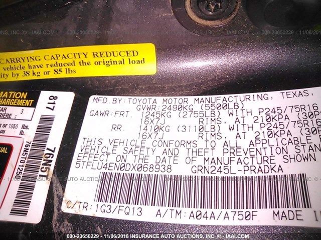 5TFLU4EN0DX068938 - 2013 TOYOTA TACOMA DOUBLE CAB 灰色 照片 9