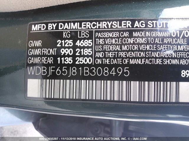 WDBJF65J81B308495 - 2001 MERCEDES-BENZ E 320 GREEN photo 9