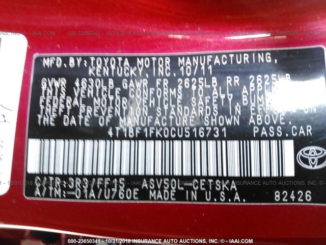 4T1BF1FK0CU516731 - 2012 TOYOTA CAMRY SE/LE/XLE RED photo 9