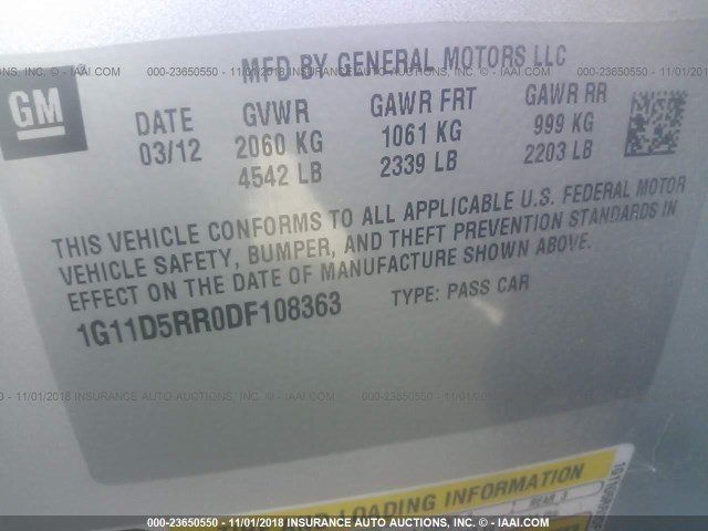 1G11D5RR0DF108363 - 2013 CHEVROLET MALIBU 1LT SILVER photo 9