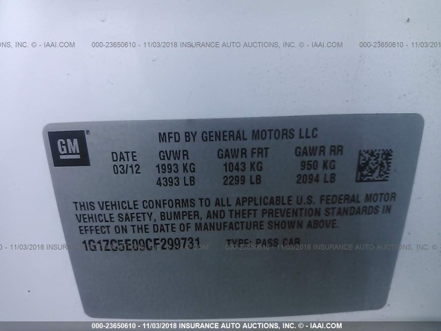 1G1ZC5E09CF299731 - 2012 CHEVROLET MALIBU 1LT WHITE photo 9