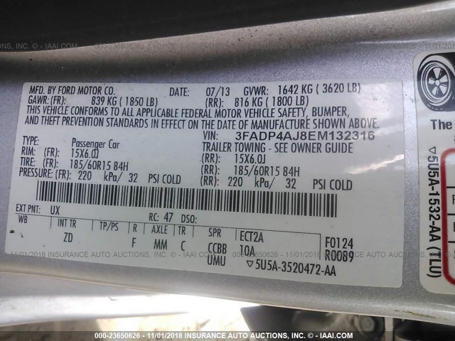 3FADP4AJ8EM132316 - 2014 FORD FIESTA S SILVER photo 9