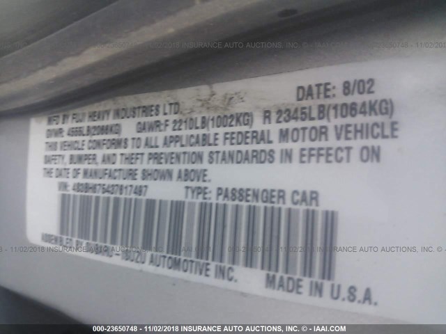 4S3BH675437617497 - 2003 SUBARU LEGACY OUTBACK AWP 银色 照片 9