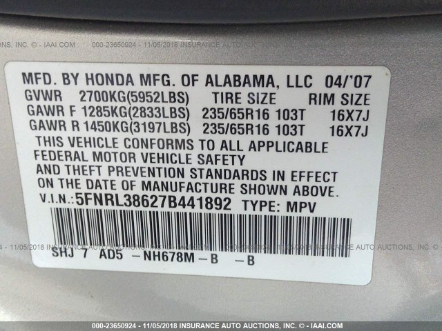 5FNRL38627B441892 - 2007 HONDA ODYSSEY EXL SILVER photo 9