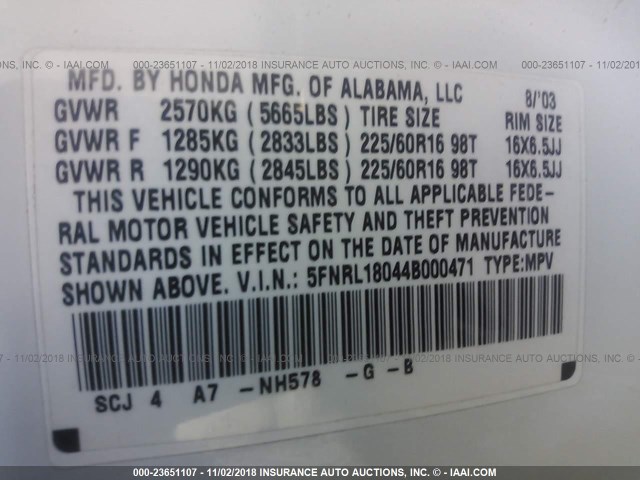 5FNRL18044B000471 - 2004 HONDA ODYSSEY EXL WHITE photo 9