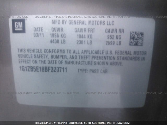 1G1ZB5E18BF320711 - 2011 CHEVROLET MALIBU LS BROWN photo 9