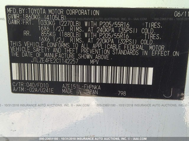 JTLZE4FE2C1142257 - 2012 TOYOTA SCION XB Ağ foto 9