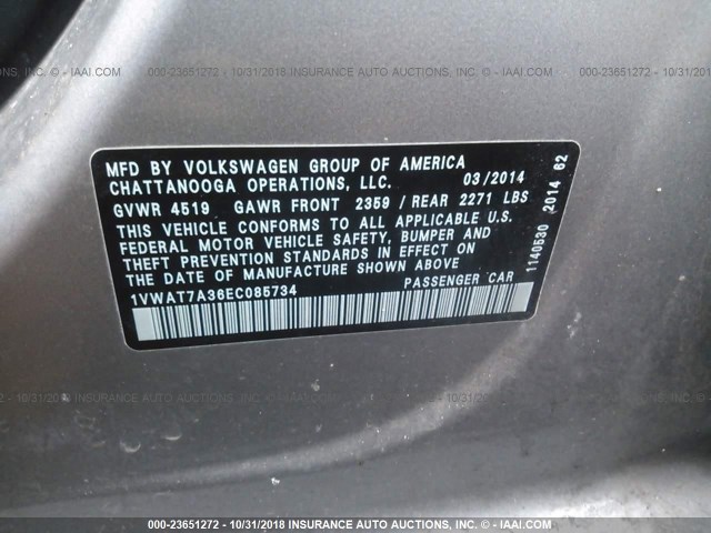 1VWAT7A36EC085734 - 2014 VOLKSWAGEN PASSAT S GRAY photo 9