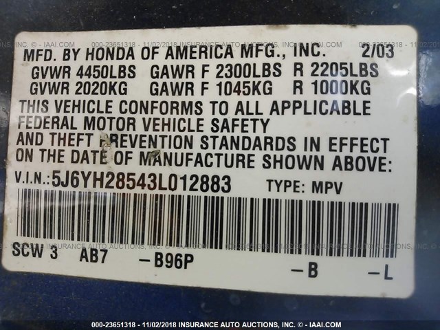 5J6YH28543L012883 - 2003 HONDA ELEMENT EX Navy photo 9