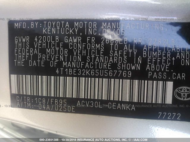 4T1BE32K65U567769 - 2005 TOYOTA CAMRY LE/XLE/SE SILVER photo 9